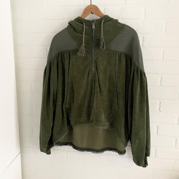 Free People Movement Hoodie 1/4 zip Pockets High Low Olive Green Sz S Oversized - Picture 2 of 15